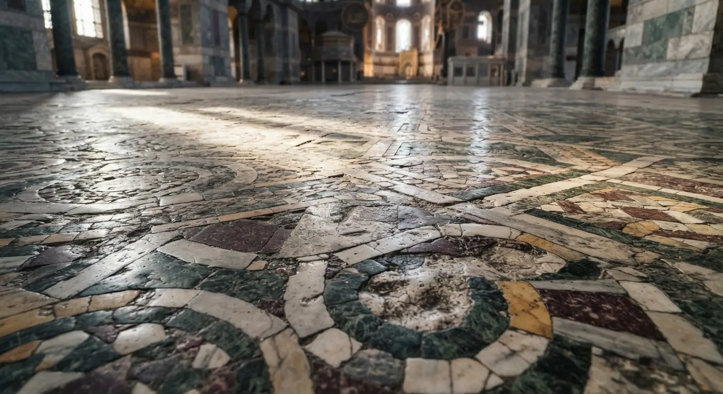 The opus sectile floor at grazing light, worn uneven by centuries of footsteps.