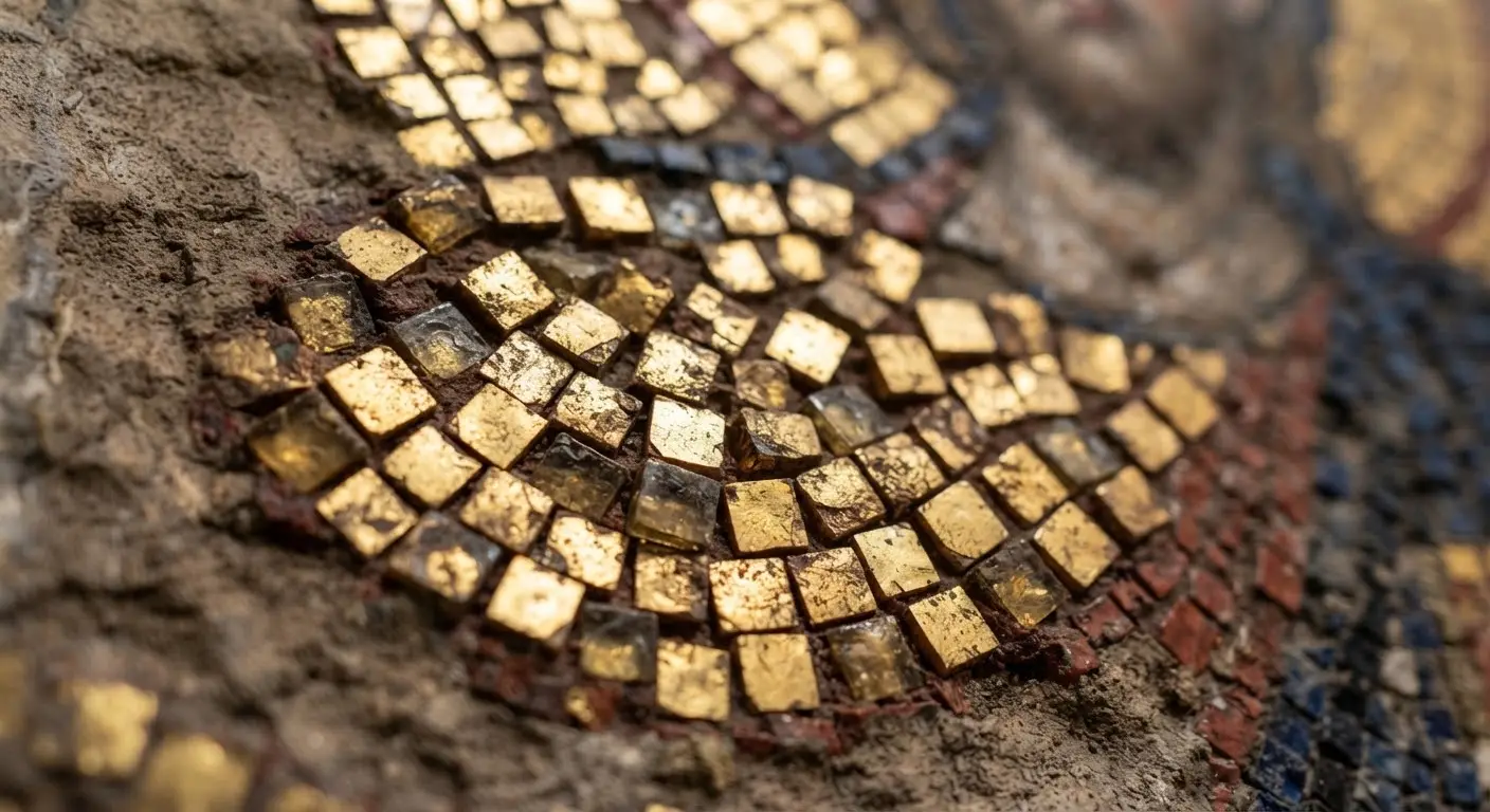 Macro view of Byzantine gold tesserae, the small glass cubes set at uneven angles so the light shimmers.
