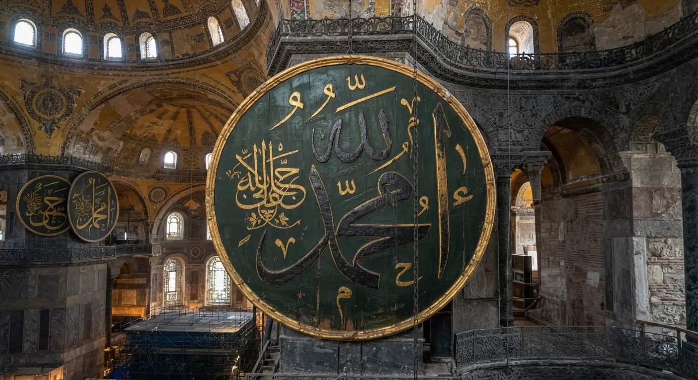 Detail of a monumental calligraphic medallion, black script on dark green with gold trim on painted wood.