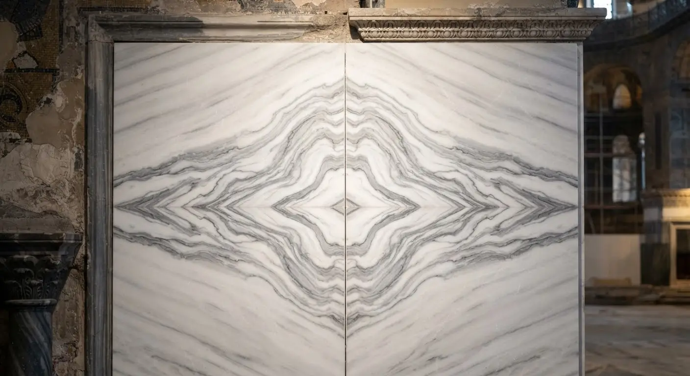 Book-matched Proconnesian marble panels, their grey veining mirrored symmetrically across the joint.