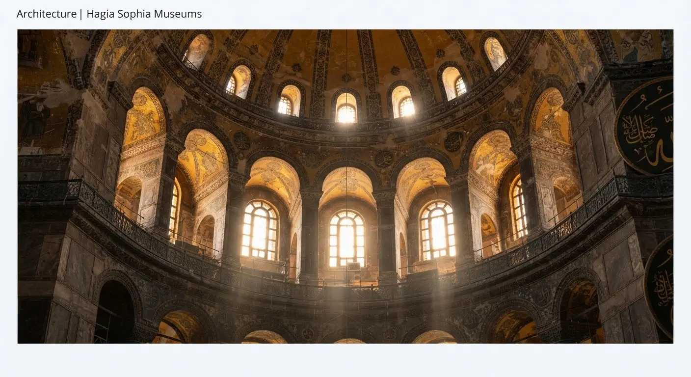 The base of the dome and its forty arched windows, beams of dusty light crossing brickwork and gold mosaic fragments.