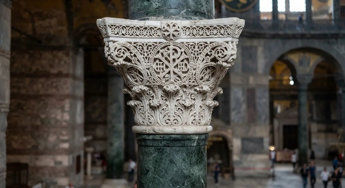 A deeply undercut Byzantine basket capital in white marble above a green Thessalian column.
